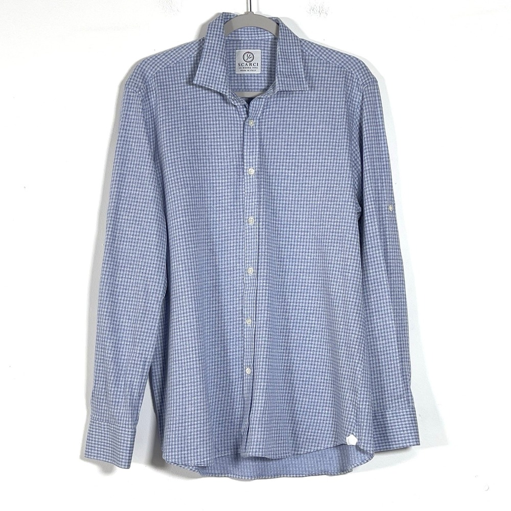 Scarci Fitted Shirt Mens Sz L Gingham Check Roll Tab Sleeve Made In Italy‎